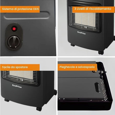 EcoPrice®Stufa A Gas Pieghevole,Infrarossi,Accensione Piezoelettrica,Adatta Per GPL/Butano/Propano,A 15 Kg,Sistema ODS