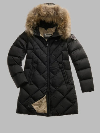 Blauer Giubbino donna lungo trapuntato Althea con cappuccio e pelliccia