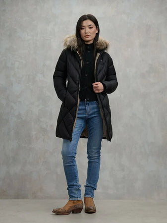 Blauer Giubbino donna lungo trapuntato Althea con cappuccio e pelliccia