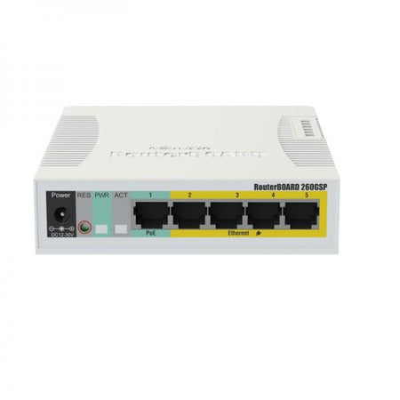 Mikrotik RB260GSP switch di rete Gestito Gigabit Ethernet [10/100/1000] Supporto Power over Ethernet [PoE] Bianco (RouterBOARD 260GSP 5-port - Gigabit smart switch with SFP - cage, SwOS, plastic case