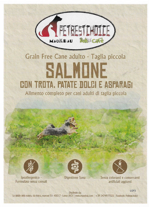 PETBESTCHOICE GRAINFREE mini ADULT Salmone & Trota 53%,Patate dolci e asparagi