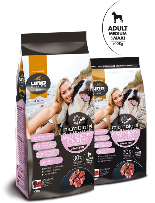 UNO DI FAMIGLIA MICROBIOTA ADULT DIGESTIVE SENSITIVE MONOPROTEIN MEDIUM & MAXI