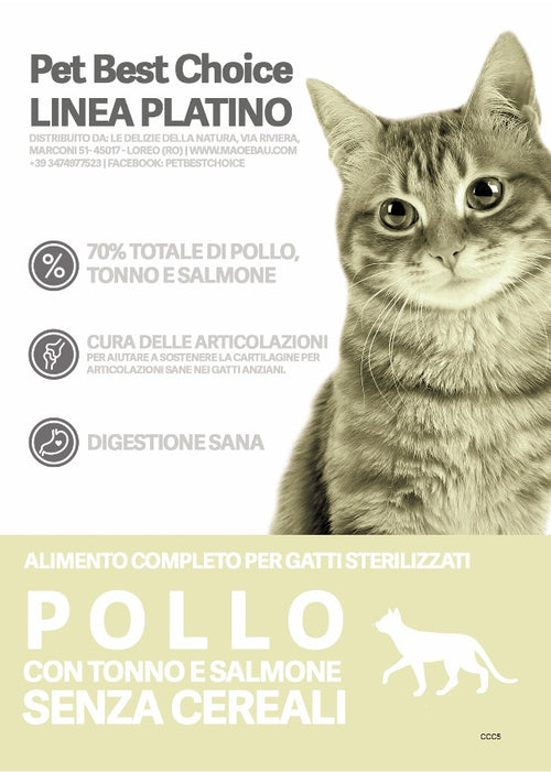 Linea Platino grainfree alto contenuto in carne Sterilizzato Pollo,Tonno Salmone