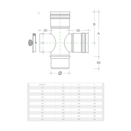 Raccordo a T da 150mm in acciaio inox croce con ispezione 5 decimi AISI 304