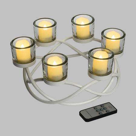 SET CANDELIERE BIANCO INTRECCIATO CON 6 CANDELE A BATTERIA TELECOMANDO PER ACCENSIONE