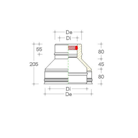 Riduzione inox doppia parete da Di 180 - De 230 mm a Di 150 - De 200 mm