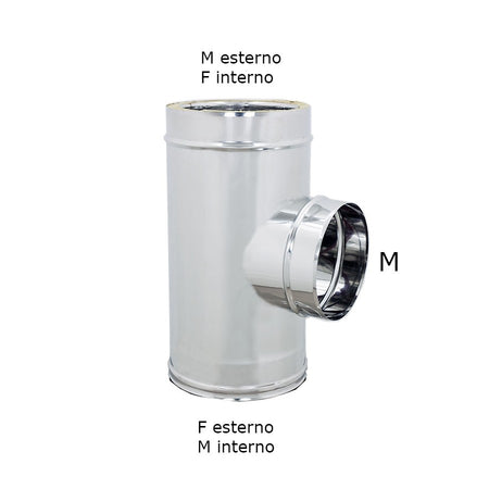 Raccordo inox Di 80 - De 130 mm a T braga doppia parete codino mono parete M 80mm