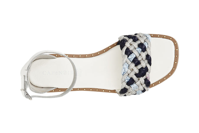 SANDALO CHIUSO DIETRO FASCIA STRASS E RAFFIA INTRECCIATA