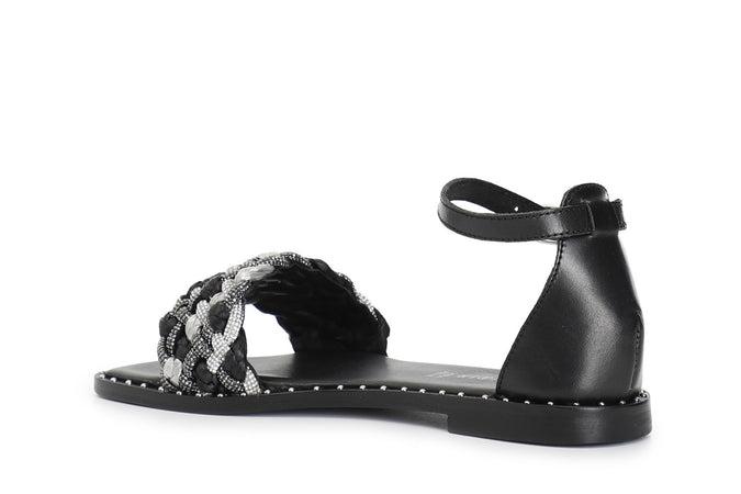 SANDALO CHIUSO DIETRO FASCIA STRASS E RAFFIA INTRECCIATA