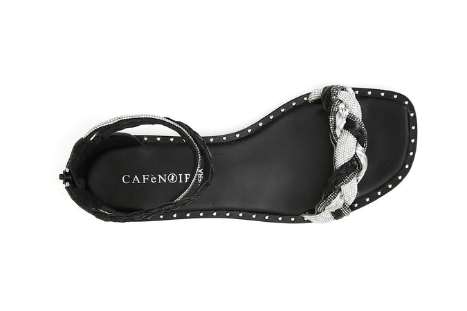 SANDALO FASCIA STRASS E RAFFIA INTRECCIATA ZIP DIETRO