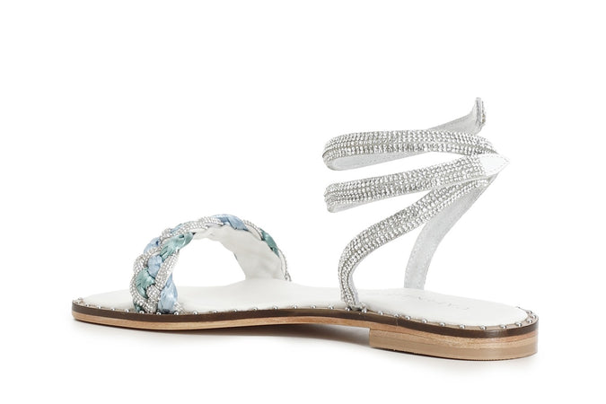 SANDALO LACCIO ALLA CAVIGLIA FASCIA STRASS E RAFFIA INTRECCIATA