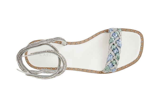 SANDALO LACCIO ALLA CAVIGLIA FASCIA STRASS E RAFFIA INTRECCIATA