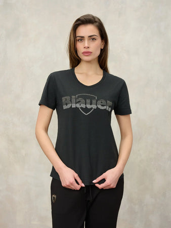 T-shirt Donna Blauer Graham 26SBLDH02411 con logo glitterato – Nero