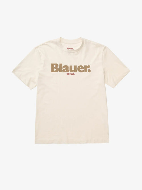 T-shirt Uomo Blauer Ernst 26SBLUH02299 con logo frontale – Bianco Neve