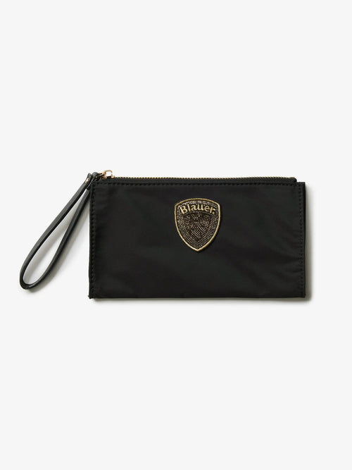 Blauer pochette donna in nylon con logo strass e zip