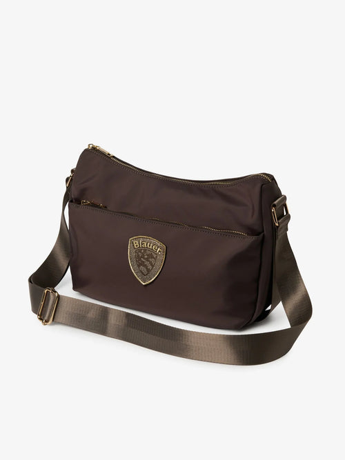Blauer borsa donna a tracolla in nylon marrone con logo glitter