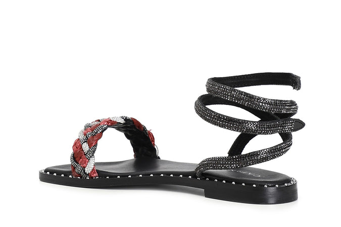 SANDALO LACCIO ALLA CAVIGLIA FASCIA STRASS E RAFFIA INTRECCIATA