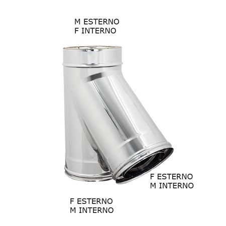 Raccordo inox Di 150 - De 200 mm a Y braga a 135° doppia parete