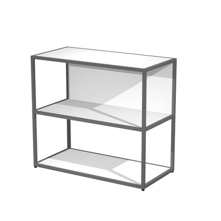 Libreria bassa con struttura in metallo verniciato a 2 vani a giorno con ripiani, base, cappello e schiena in melaminico cm. 90x46x80h