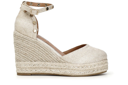 SANDALI IN TESSUTO CON BORCHIE SU ZEPPACORDA