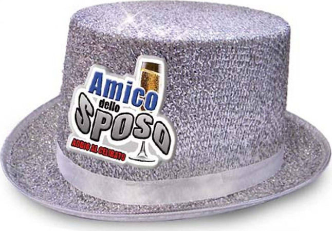 2734-10 Cappello Cilindro Glitter Argento Con Applicazione Resinata “amico Dello Sposo” Addio Al Celibato Party Salute e cura della persona/Erotismo e contraccezione/Sex toys/Gadget per addio al nubilato e al celibato Kondorama - Martinsicuro, Commerciovirtuoso.it