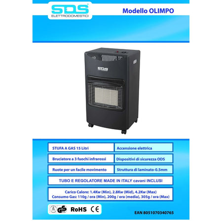 SDS Stufa Gas Infrarossi 4200W OLIMPO +Kit Regolatore
