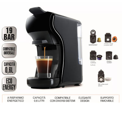 DCG ES6517 - Macchina Del Caffè Universale, serbatoio 0,6 Litri, 19 BAR, 1.450W - NERA+ Omaggio 15 Pz Cialde / Capsule