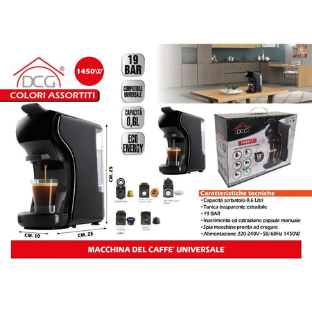 DCG ES6517 - Macchina Del Caffè Universale, serbatoio 0,6 Litri, 19 BAR, 1.450W - NERA+ Omaggio 15 Pz Cialde / Capsule