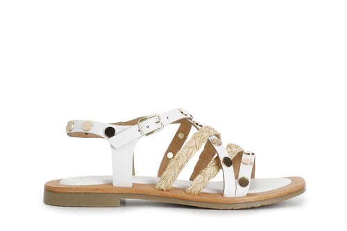 SANDALO ASIMMETRICO IN PELLE E RAFFIA