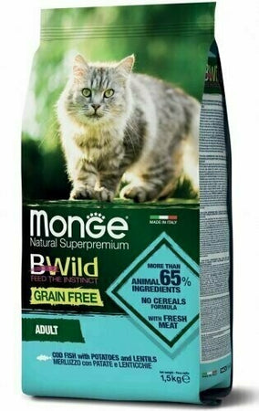 Monge BWild Grain Free secco Gatti Adulti merluzzo patate e lenticchie 1,5 kg