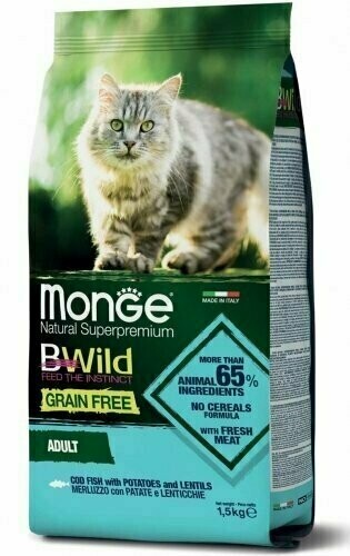Monge BWild Grain Free secco Gatti Adulti merluzzo patate e lenticchie 1,5 kg