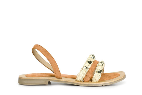 SANDALO IN PELLE SCAMOSCIATA E RAFFIA CON BORCHIE