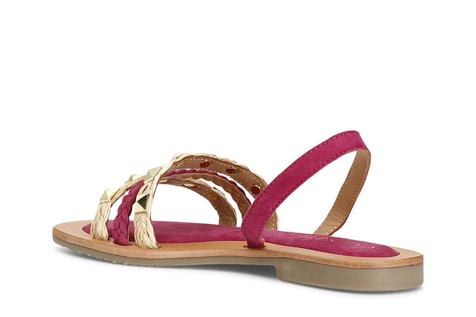 SANDALO IN PELLE SCAMOSCIATA E RAFFIA CON BORCHIE