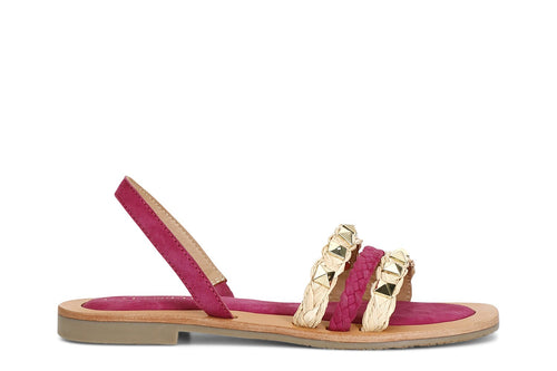 SANDALO IN PELLE SCAMOSCIATA E RAFFIA CON BORCHIE