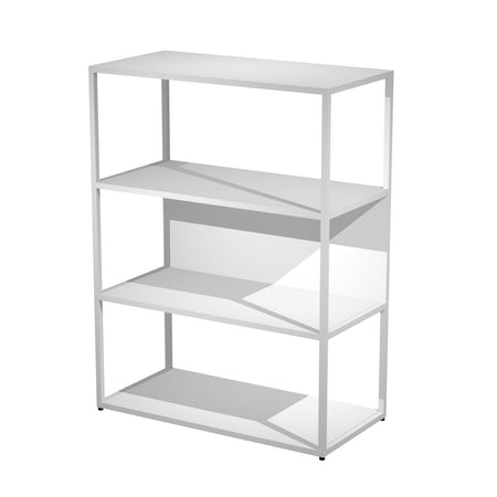 Libreria media con 3 vani a giorno con ripiani, base, cappello e schiena in melaminico e struttura metallica cm. 90x46x119h