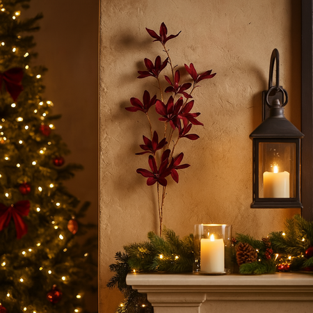 Ramo di camelie decorative con stelo dorato in poliestere per decorazioni natalizie