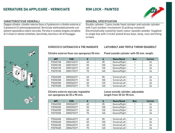 Facchinetti serratura corta a spingere destra 60mm ferroglietto cilindro staccato a 3 mandate