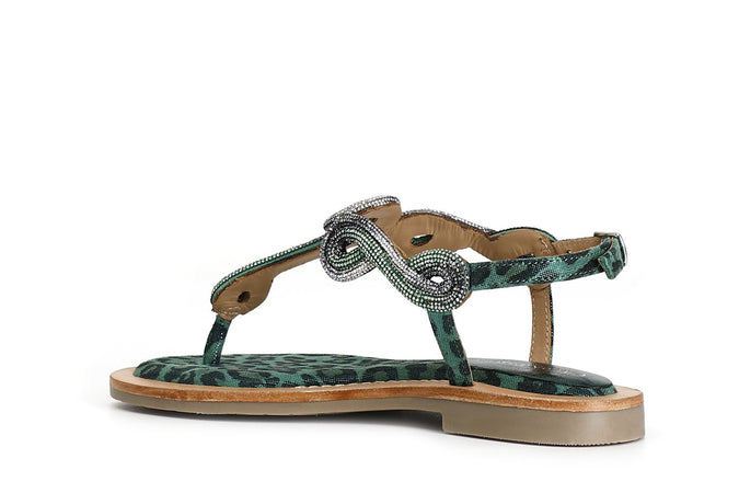 SANDALO INFRADITO IN CAMOSCIO E STAMPA MACULATA CON ACCESSORIO STRASS
