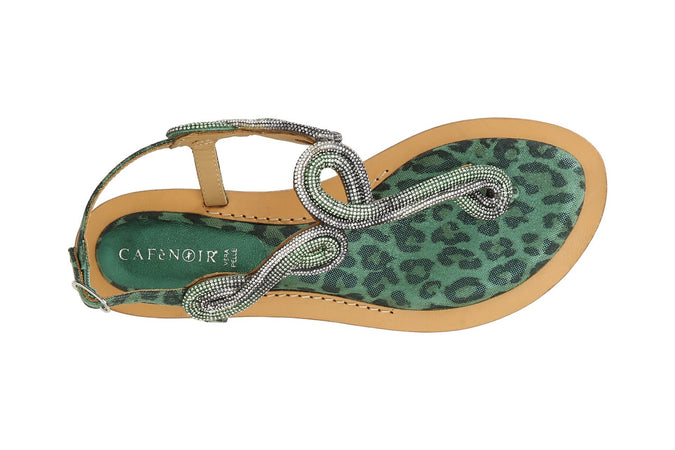 SANDALO INFRADITO IN CAMOSCIO E STAMPA MACULATA CON ACCESSORIO STRASS