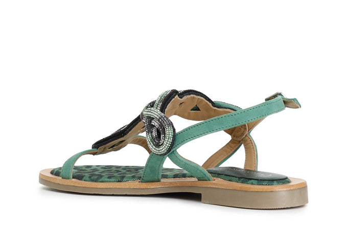 SANDALO INFRADITO IN CAMOSCIO E STAMPA MACULATA CON ACCESSORIO STRASS
