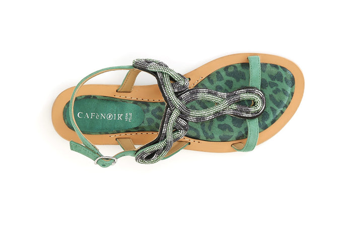 SANDALO INFRADITO IN CAMOSCIO E STAMPA MACULATA CON ACCESSORIO STRASS