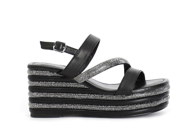 SANDALO ASIMMETRICO STRASS E NAPPA CON ZEPPA RIGHE STRASS