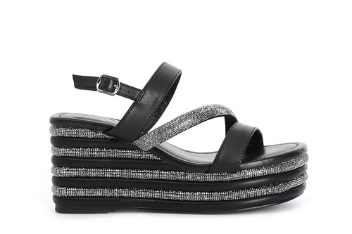 SANDALO ASIMMETRICO STRASS E NAPPA CON ZEPPA RIGHE STRASS