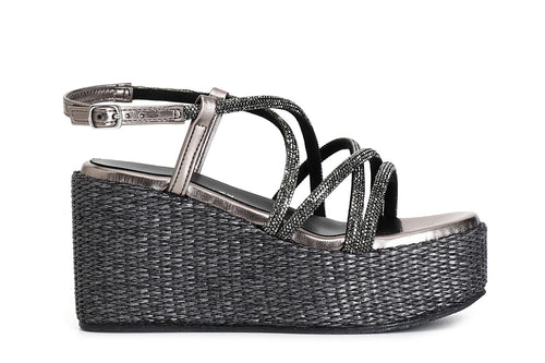 SANDALO CON LACCI INCROCIO IN STRASS ZEPPA FASCIA RAFIA