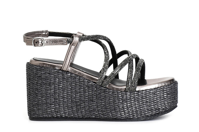 SANDALO CON LACCI INCROCIO IN STRASS ZEPPA FASCIA RAFIA