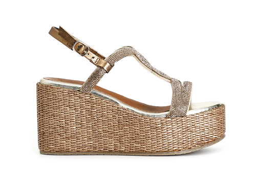 SANDALO DOPPIA FASCIA CON MOTIVO IN STRASS ZEPPA FASCIA RAFIA