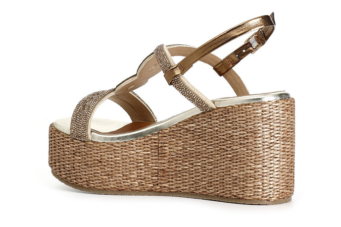 SANDALO DOPPIA FASCIA CON MOTIVO IN STRASS ZEPPA FASCIA RAFIA