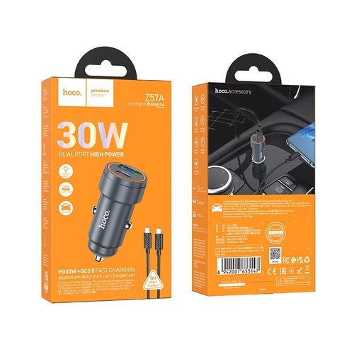 CARICABATTERIA DA AUTO HOCO USB-A + USB-C 30W + CAVO USB-C A USB-C Z57A NERO