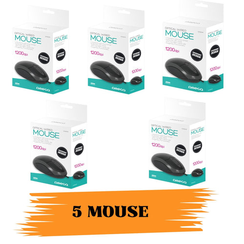 OMEGA Mouse Cablato per Notebook – USB-A, 1200 DPI, Nero (OM06VB), Confezione da 5 Pezzi