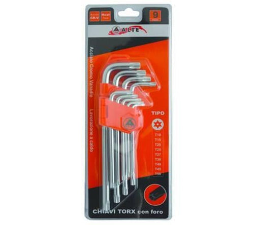 CHIAVI MASCHIO TORX CON FORO TIPO MEDIO CROMO VANADIO IN SERIE 9 PEZZI FER172929